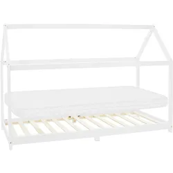 Kinderbett+Matratze Hausbett Bettgestell Holzbett Bett Lattenrost Weiß 90x200 cm
