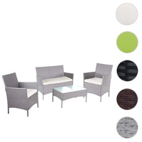 2-1-1 Poly-Rattan Garten-Garnitur Halden, Sitzgruppe Lounge-Set Sofa ~ grau, Kissen creme