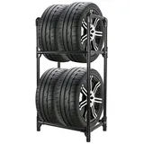 BAOYOUNI Reifenständer für 4 Reifen oder Felgen, 2 Ebenen Reifenregal aus Stahl, Platzsparend Lagerregal Stabil für Garage, Keller, Werkstatt, 57,2 x 37,3 x 114,6cm, Schwarz