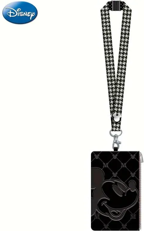 1 Stück Disney Mickey Mouse Schlüsselband mit Kartenhalter. Offiziell lizenziert, Hahnentrittmuster, Motiv aus Filmen und Anime, stilvolles schwarzes Design, ID-Hülle, Zubehör, Geschenk