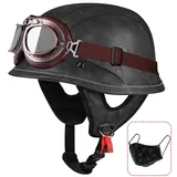 RQTEUYE Deutsche Motorrad Halbhelme, Retro Leder Halbschalenhelm, Vintage Jethelm ECE-Zertifizierung Chopper Helm mit Schutzbrille für Mopeds Cruiser mit Schnellverschlussschnallen