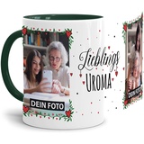 Tasse - Lieblings-Uroma - zum selbst Gestalten mit zwei Fotos - personalisierbare Fototasse für Uroma - Keramik, Innen & Henkel Dunkelgrün, 300 ml