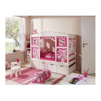 TICAA Hausbett Lio 80 x 160 cm inkl. Zusatzbett, Matratzen und 2 Rollroste Kiefer massiv weiß horse-pink