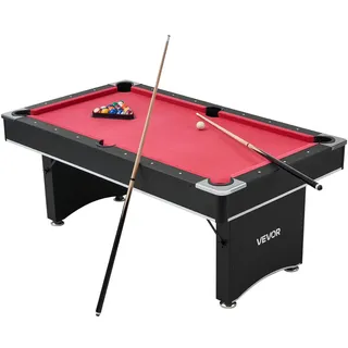 Vevor Billardtisch 183 cm moderner Spieltisch mit verstellbaren Füßen, komplettes Set inkl.Bällen/Queues/Ständer/Kreide/Bürste, für Spielzimmer Freizeiträume schwarz mit rotem Tuch