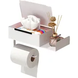 Toilettenpapierhalter mit Feuchttücherbox 304 Edelstahl Klorollenhalter Toilettenpapierhalter Ohne Bohren Klopapierhalter mit Ablage für Badezimmer Selbstklebend or Bohren (Weiß)
