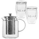 KVOTA Teekanne Tee-Set: 1L Kanne mit Edelstahlsieb und 2 doppelwandige Gläser 350 ml, 1 l, (1xTeekanne, 2x doppelwandige Gläser) weiß