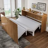 Merax Klappbett 140x200 cm mit Leinenmatratze, Schrankbett platzsparendes Gästebett, ausziehbares Bett mit Metallgestell und Rollen, Natur - Weiß