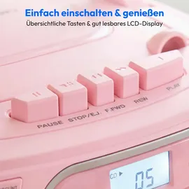 Medion E66476 Stereo Sound System (Boombox, CD-Player, MP3, Kassette, tragbarer Kassettenspieler für Kinder, UKW Radio, AUX, Kopfhörer, Netz & Batterie) pink,