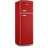 SEVERIN Retro Kühl- & Gefrierkombination, Kühlschrank im Retro-Design mit Chrom-Applikationen, Gefrierfach oben, LED-Beleuchtung, 1-7°C, 246 L Nettovolumen, nur 39 dB, rot, RKG 8983 [EEK D]