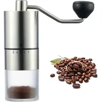 BlingBin Kaffeemühle Manuell/Hand, Manuelle Espressomühle mit Keramikmahlwerk, Kegelmahlwerk, 28,00 g Bohnenbehälter, Hand Kaffeemühle aus Edelstahl und Glasbehälter mit 5 Mahlstufen silberfarben