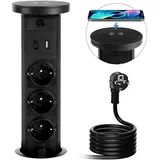 XIIW Mehrfachsteckdosen Versenkbare Steckdose 2 USB A, 3 Fach Tischsteckdose Steckdosenleiste mit 15W Kabellosem Ladegerät, Einbausteckdose für Arbeitsplatte Küche Zuhause Büro 3680W/16A, 1.8Kabel, D 120MM