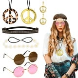 LOHAME Hippie Accessoires, Hippie Kostüm Set 60er 70er Jahre Damen Retro Zubehör mit Haarschmuck Sonnenbrille Peace Kette Mädchen Hippie Deko Schmuck für Mottoparty Disco Reisen Schlager Frau Outfit