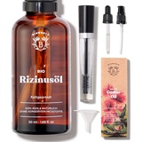 BIONOBLE Rizinusöl Bio 50ml - 100% Kaltgepresst - Wimpern, Augenbrauen, Haare, Nägel - Vegan, Cruelty Free - Castor Oil - Glasflasche + Pipette + Pumpe + Mascara Kit