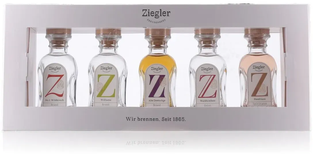 Ziegler Wildkirsch - Williams - Alte Zwetschge - Waldhimbeer - Haselnuss Tasting Set 43% Vol. 5x0,05l in Geschenkbox