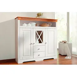 Highboard HOME AFFAIRE "Lisa", weiß (weiß, honig), B:130cm H:125cm T:35cm, Massivholz, Sideboards, Stauraumschrank aus massivem Kiefernholz, mit dekorativen Fräsungen
