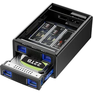 Hybrid 3.5 HDD+3*M.2 NVMe Gehäuse mit Lüfter für 2.5/3.5" SATA HDD/SSD, USB3.2 Gen2 10Gbps Festplattengehäuse unterstützt 2230/42/60/80/110 SSD mit 46TB Kapazität (22TB HDD+3*8TB M.2 SSD)