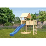 Woodfeeling Karibu Spielturm Lotti mit Anbauplattform Kletterwand Rutsche Blau