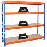 Proregal Profi Schwerlastregal Rhino HxBxT 180 x 200 x 60 cm 4 Spanplatten-Ebenen 8mm Fachlast 500 kg Blau/Orange