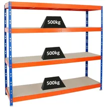 Proregal Profi Schwerlastregal Rhino HxBxT 180 x 200 x 60 cm 4 Spanplatten-Ebenen 8mm Fachlast 500 kg Blau/Orange