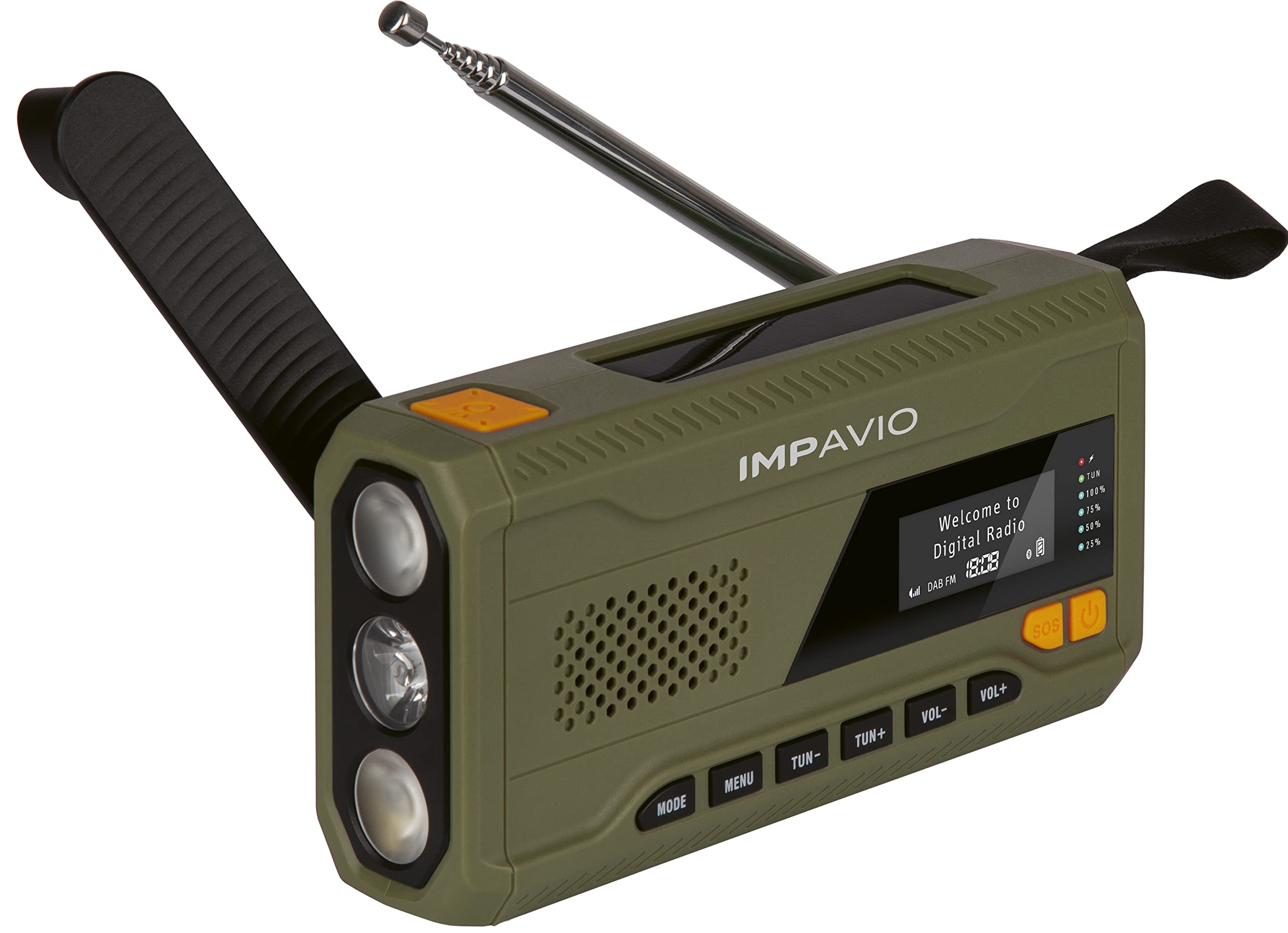 IMPAVIO DAB 1 - DAB+ Kurbelradio/Notfallradio - tragbares Digitalradio (Radio, DAB/DAB+/UKW/FM, Bluetooth, Solarzelle, Kurbel, Akku, Taschenlampe, SOS, Powerbank) grün, Klein