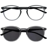 OPULIZE Met Doppelpack Lesebrille Mit Sonne Leser Groß Runden Grau Schwarz Herren Damen Federscharniere RS60-7 +1,00