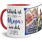 Tassendruck Fototasse mit Spruch für Uropa - Glück ist, jemanden wie Dich zu haben - zum Selbst gestalten mit 2 Fotos, Innen & Henkel Rot, 300 ml