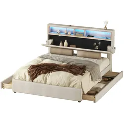 Merax Doppelbett, Polsterbett, Bett mit USB-Aufladung und LED-Beleuchtung, Funktionsbett mit vier Schubladen, Beige, 140 x 200 cm