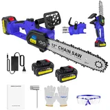 12 Zoll Akku-Kettensäge, Bürstenlose Elektro-Kettensäge mit automatischer Ölschmierung, 10m/s Kettengeschwindigkeit & 21000RPM Kupfermotor, Vibrationsdämpfung, 4000mAh Akku (2 Akkus)