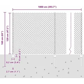 vidaXL Zaun mit Pfosten 1,2 x 10 m Silber/Stahl