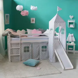 Homestyle4u Hochbett 90 x 200 cm Kiefer massiv weiß mit Vorhang Sterne grau