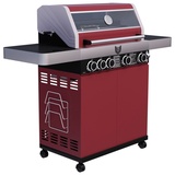 BBQ Chief 9.0 - 4 Edelstahl Brenner + Seitenbrenner, 14 kW, Warmhalterost, Gussrost, Deckel mit Thermometer, Fettauffangwanne, Schw... - Rot