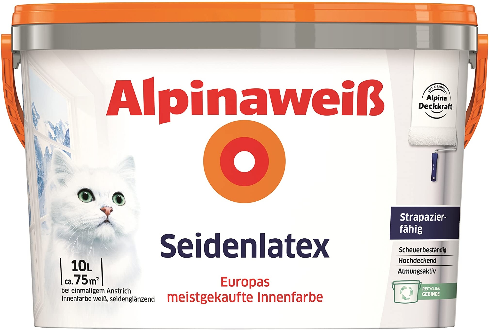 Alpinaweiß Seidenlatex in weißer Seidenglanz-Optik – strapazierfähige und atmungsaktive Wandfarbe – ergiebig, gut deckend & reinigungsfähig – 10 Liter