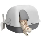 PawHut Katzentoilette mit Deckel, Katzenklo mit Sieb, Tür, Schaufel, Katze Toilettenhaus für kleine Katze unter 3,5 kg, Indoor, Kunststoff, Hellgrau - Hellgrau