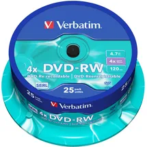 Verbatim DVD-RW 4x Matt Silver 4.7GB 25er Pack Spindel DVD Rohlinge beschreibbar 4-fache Brenngeschwindigkeit & Hardcoat Scratch Guard DVD leer Rohlinge DVD wiederbeschreibbar 25 Stück