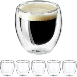 Relaxdays Espresso Gläser, 6er Set, doppelwandig, 100 ml, Borosilikatglas, Schwebeeffekt, Espressotassen, transparent