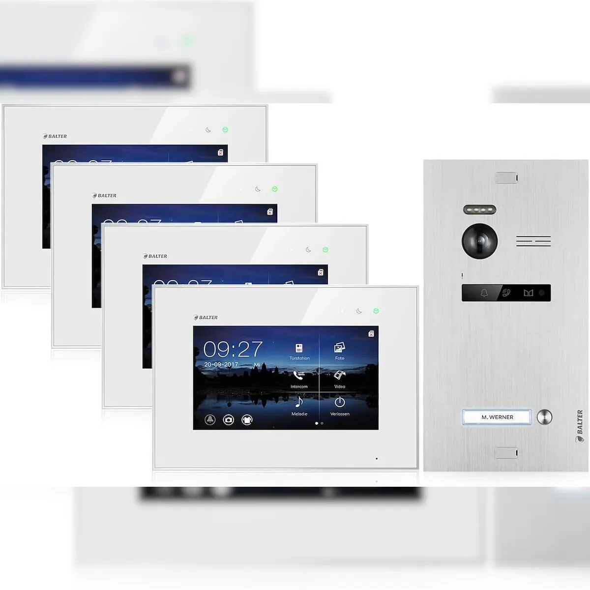 Video Türsprechanlage mit Smartphone App für 1 Familienhaus, 4x Monitore, Balter EVO WLAN