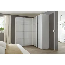 Schwebetürenschrank RAUCH "Quadra", grau (seidengrau, glas seidengrau), B:181cm H:210cm T:187cm, Holzwerkstoff, Schränke, Eckschrank inkl. Türendämpfer, mit Glastüren