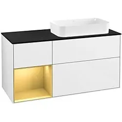 Villeroy und Boch Finion Waschtischunterschrank F272HFGF 120cm, Abdeckplatte black matt, Regal links Gold matt, Glossy white lacquer