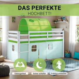 Homestyle4u Hochbett 90 x 200 cm Kiefer massiv lackiert grün-weiß