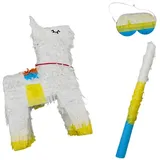 relaxdays Pinata Set Lama mit Stab und Maske blau|gelb|weiß