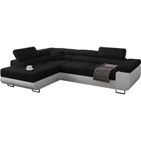 Ecksofa Miami mit Schlaffunktion, Eckcouch mit Bettkasten, L Form Couch, Ecksofa mit Bettkasten, Sofagarnitur mit Schalffunktion, Ottomane Links (Schwarz + Weißer Kunstleder -EKO)