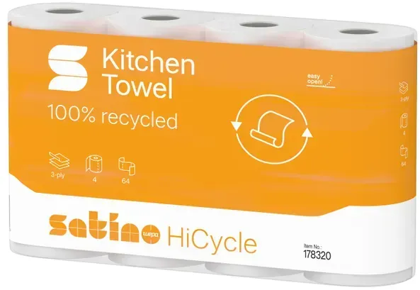 Wepa Satino Comfort 3-lagig weiß 26x22 cm Küchenrollen 4er 4 Rollen a 64 Blatt, 100% Recycling-Papier, starke Saugkraft