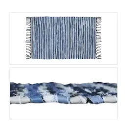 Relaxdays Flickenteppich, 60x100 cm, Baumwolle & Leder, handgewebt, mit Fransen, rutschfest, Fleckerlteppich, blau/grau