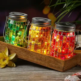 MARELIDA LED Solar Glas Einmachglas mit Mosaik Tischleuchte mit Henkel Lichtsensor rot
