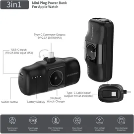 wozinsky Mini-Powerbank 5000 mAh 15 W USB-C mit integriertem USB-C-Kabel und Apple Watch Ladegerät - Schwarz