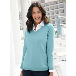 V-Ausschnitt-Pullover INSPIRATIONEN "Pullover", Damen, Gr. 46, blau (wintertürkis), 100% Baumwolle, unifarben, Langarm, Pullover