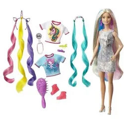 MATTEL GHN04 Barbie Fantasie-Haar Puppe (blond), Meerjungfrau- und Einhorn-Look, Anziehpuppe