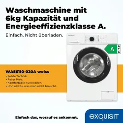 Exquisit Waschmaschine 6kg, Energieeffizienzklasse A, max. 1000 U/min, ECO 40-60, Kurzprogramm, Kindersicherung, 16 Waschprogramme, WA56110-020A weiss