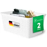 Novaliv 2 Stück Eleganter Aufbewahrungskorb in Rattan-Optik | Weiß Kunststoff 14L ? Perfekt für Bad & Kleidungsaufbewahrung. Aufbewahrungsbox Badezimmer Körbchen Bad Organizer Korb Ordnungsbox