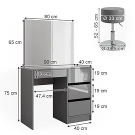 Vicco Schminktisch-Set Sherry Grau 90 cm mit Hocker